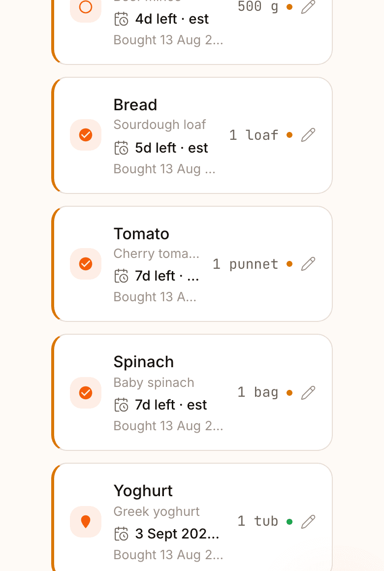 Pantri pantry items showing automatic expiry estimates in days left.