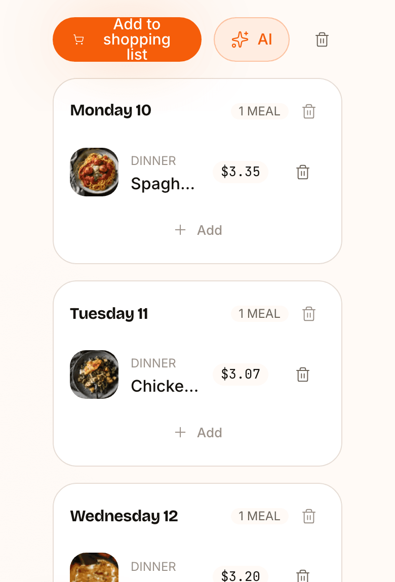 Pantri's plan screen: dinners with an estimated price on each one shown.