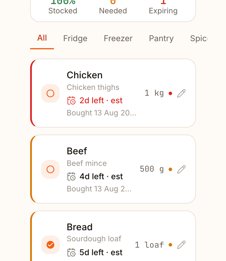 Pantri's pantry screen: stocked items with quantities, categories and status chips.
