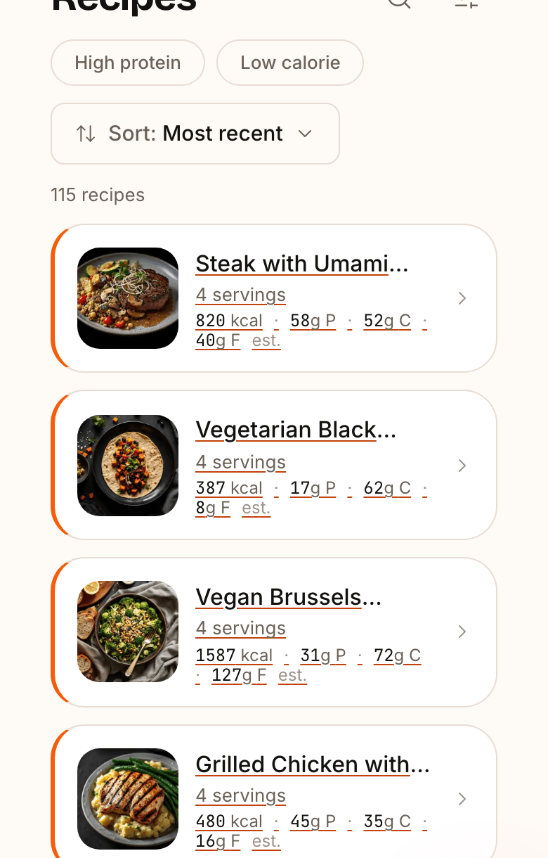 Pantri's Recipes screen: imported recipes with photos and servings.